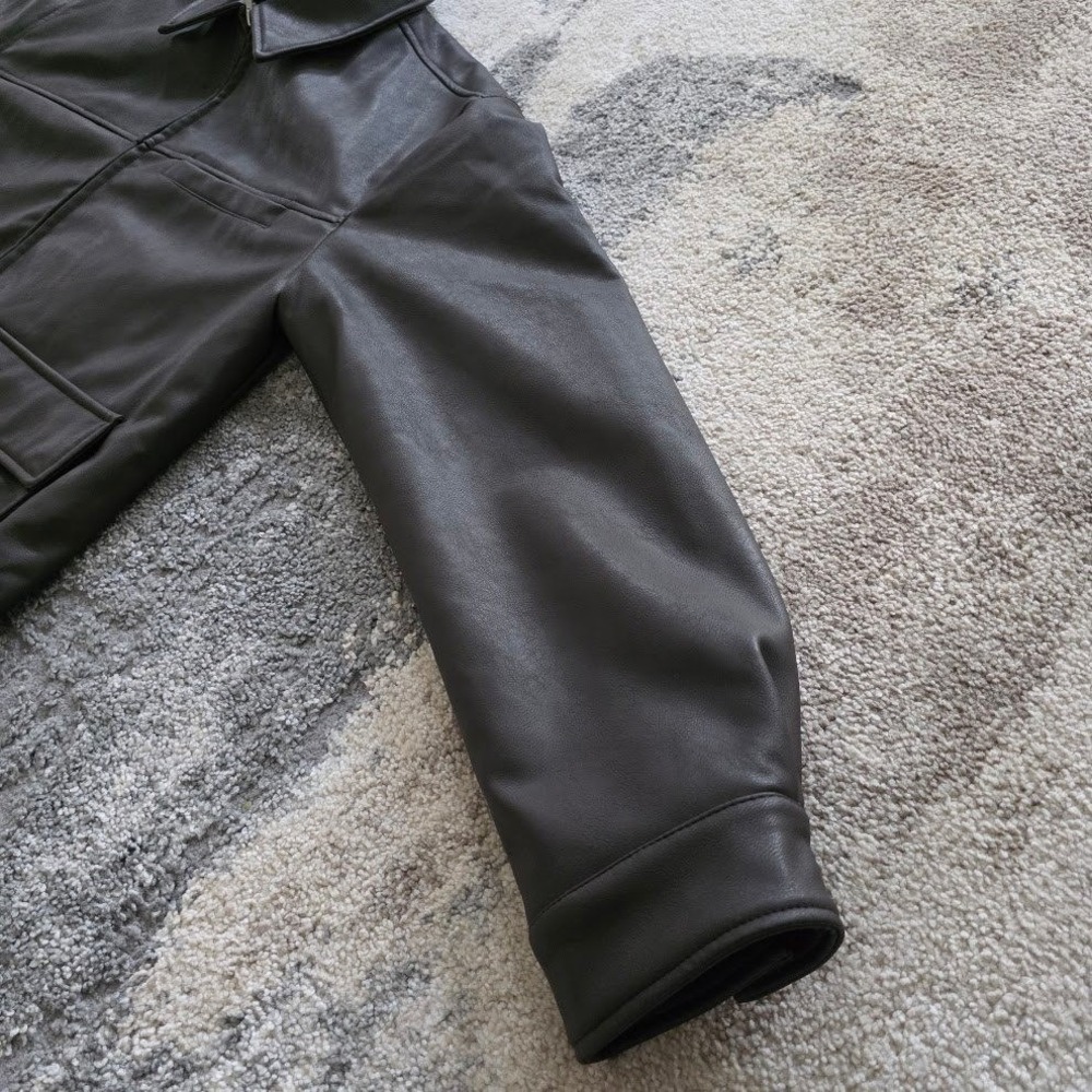 Topman Mens Dark Brown Faux Vegan Leather Trucker Jacket Size S Quilted Lined - Picture 14 of 14